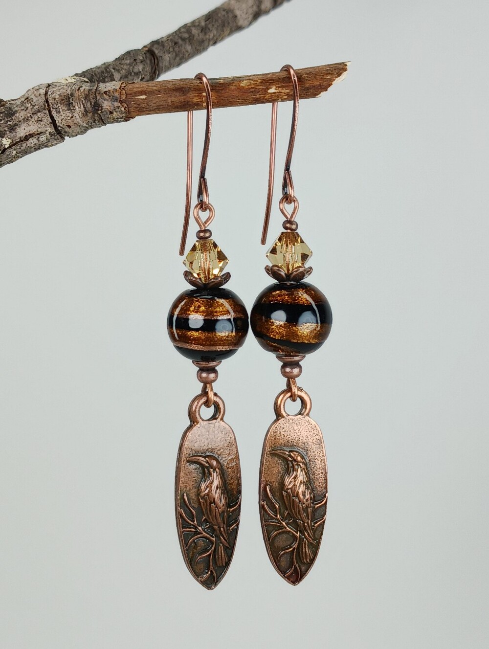 Copper Raven Earrings Gothic Woodland Dark Academia Artisan - Picture 3 of 7